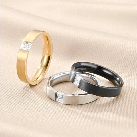 Square Zircon Titanium Steel Ring Brushed Finish Minimalist Band For Couples Modern Elegant Jewelry