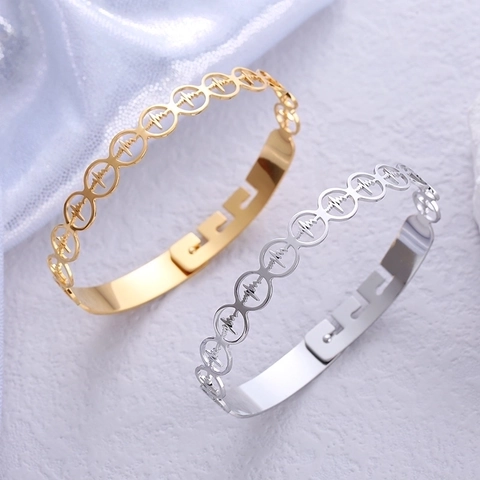 Brazalete de Latido del Corazón ECG Hueco de Acero Inoxidable Minimalista Ajustable Oro Plata Pulsera Joyería Regalo Para Mujeres