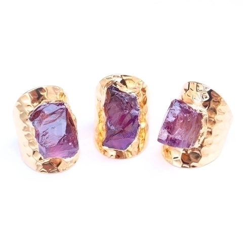 Anillo Cristal Amatista Citrino Natural Banda Ancha Dorada Martillada Piedra Bruta Irregular Boho Mujeres Hombres