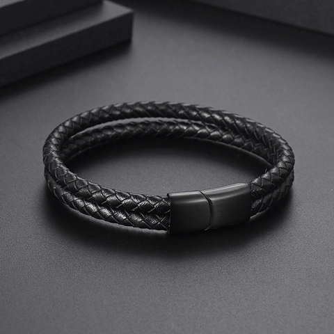 Bracelet En Cuir Tressé À Double Brin Pour Hommes Vintage Acier Inoxydable Fermoir Magnétique Bijoux Rétro