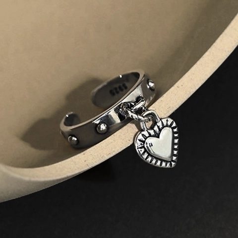 925 Sterlingsilber Herzanhänger Offener Ring Für Damen Vintage Distressed Niete Verstellbarer Fingerring Personalisiert Mode Schmuck Geschenk