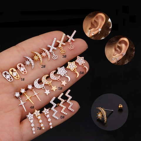 Pendientes De Piercing Para Cartílago Poste De Acero Inoxidable Con Colgante De Circón Estrella Luna Cruz Cierre De Rosca Joyas