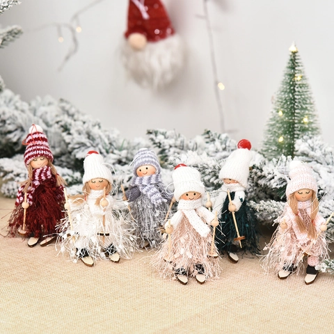 Weihnachten Skifahren Puppe Ornamente Gestrickte Plüsch Holz Junge Mädchen Figuren Für Weihnachtsbaum Tisch Home Deko Geschenk