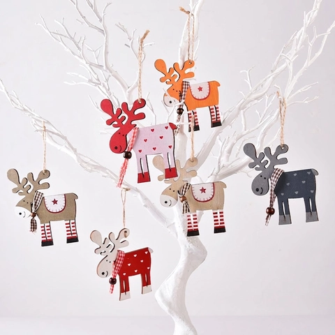 Pendenti Natalizi In Legno Alce Cervo Ornamenti Appesi Con Sciarpa A Quadretti E Corda Di Lino Motivo Cuore Stella Per Albero