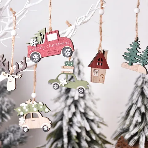 Ornamenti Appesi Legno Natale Pendenti Legno Rustico Decorazione Albero Forme Camion Renna Casa Decorazione Festa