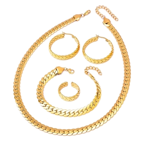 Titanstahl Gewebte Gedrehte Kette Halskette Armband Creolen Und Offener Ring Minimalistischer Schmuck Vergoldet