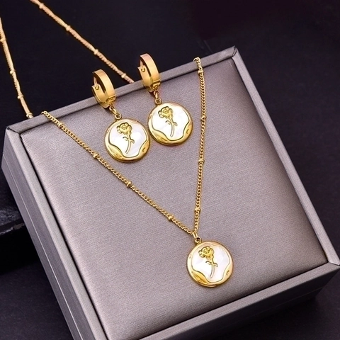 Vintage Roos Bloem Hart Vlinder Hanger Ketting En Oorbellen Titanium Staal Schelp Inleg Hof Stijl Sieraden Vrouwen