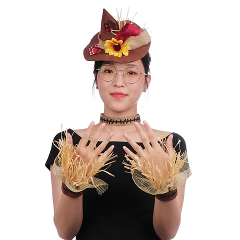 Vogelverschrikker Kostuum Accessoires Met Mini Punthoed Zonnebloem Decoratie Jute Raffia Voor Halloween Carnaval Cosplay
