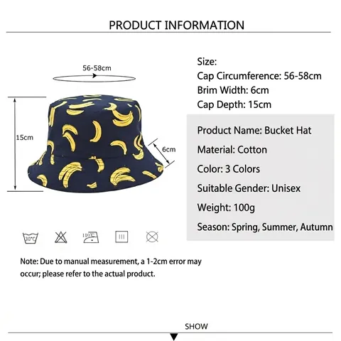 Cappello Da Pescatore Cotone Stampa Frutta Banana Protezione Solare Estate Viaggio Traspirante Unisex