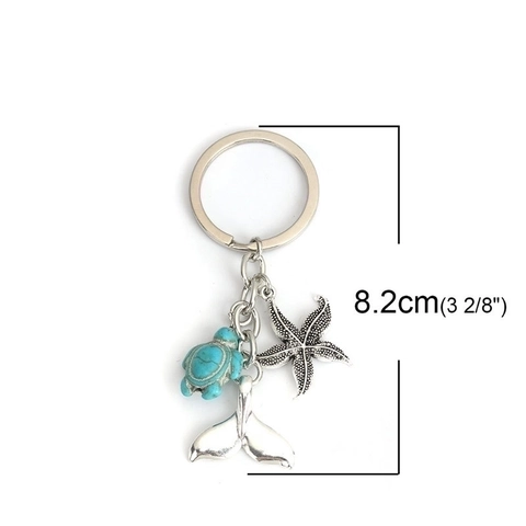 Porte-Clés Thème Océan Avec Tortue Marine En Turquoise Synthétique Et Breloques Étoile De Mer Queue De Baleine En Alliage