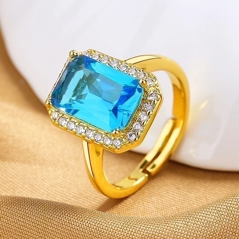Retro Rectangular Zircon Halo Ring Women Luxury Copper Adjustable Open Finger Ring Fashion Jewelry