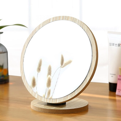Desktop Make-up Spiegel Holzrahmen HD Glas 360 Grad Rotation Rund Oval Minimalistischer Nordischer Stil Schminktisch
