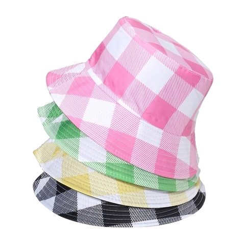Bucket Hat Checkered Gingham Pattern Polyester Reversible Sun Protection Casual Outdoor Unisex Fisherman Cap