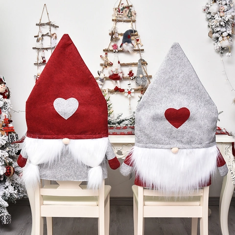 Christmas Gnome Chair Covers Nordic Faceless Old Man Non-Woven Fabric Artificial Fur Dining Room Chair Back Covers Holiday Party Decor