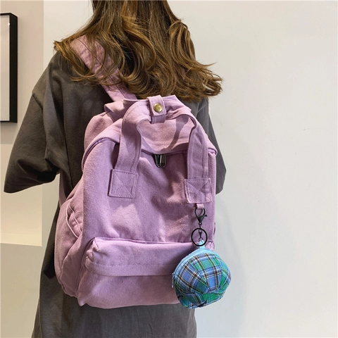 Casual Canvas Backpack For School Travel Large Capacity Solid Color Breathable Students Shoulder Bag With Plaid Hat Charm