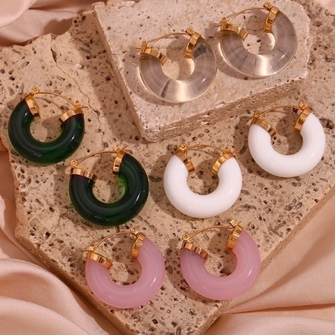 C-Shaped Hoop Earrings Stainless Steel 18K Gold Plated Acrylic Resin Retro French Style Fashion Jewelry For Women