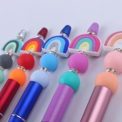 Rainbow Beaded Kugelschreiber Silikonperlen Metallkörper Strass Dekoratives Schreibwerkzeug Neuheit Geschenk