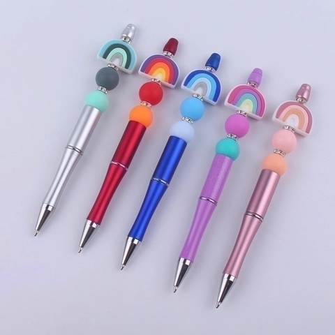 Rainbow Beaded Kugelschreiber Silikonperlen Metallkörper Strass Dekoratives Schreibwerkzeug Neuheit Geschenk