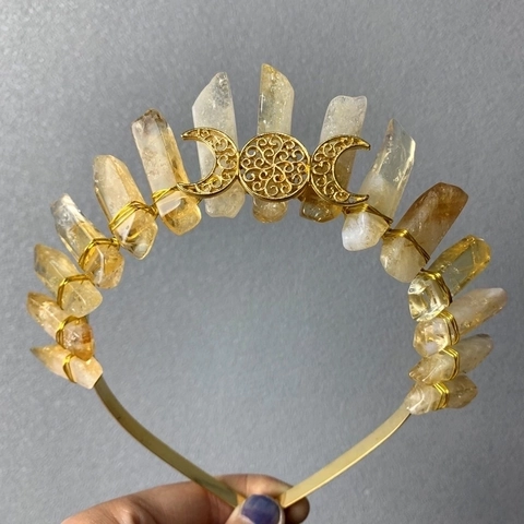 Natural Citrine Raw Crystal Crown Headband With Golden Moon Bee Star Ornament Handmade Bohemian Fairy Tiara For Party