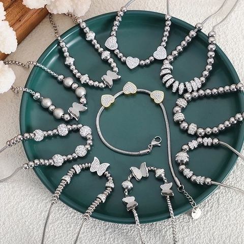 Bracciale Con Ciondolo A Farfalla E Cuore Di Moda Acciaio Al Titanio Placcato Oro Zirconia Perlato Gioielli Regolabili Per Donna