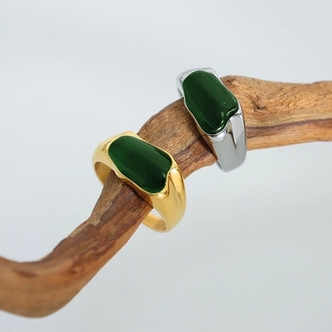 Anillo De Resina Verde Irregular Acero Inoxidable Banda Ancha Joyería Minimalista Retro Vintage Para Mujeres