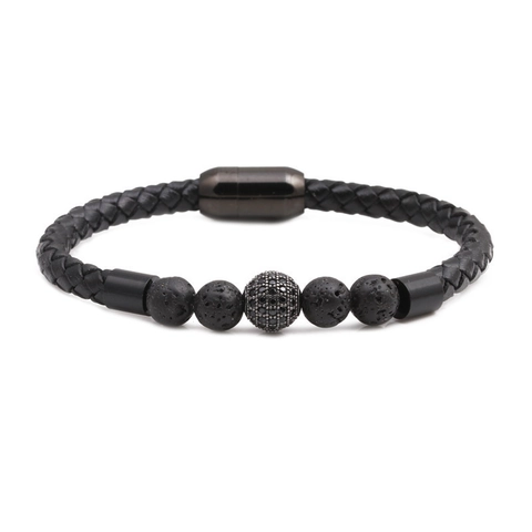 Braccialetto da Uomo in Vera Pelle Intrecciata con Perline in Pietra Lavica Naturale e Ciondolo in Zirconia Micro Pave Gioielli