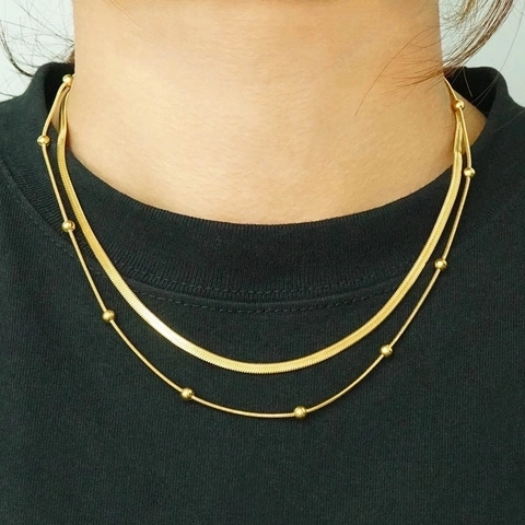 Double Layer Necklace Stainless Steel 18K Gold Plated Snake Chain Bead Clavicle Minimalist Hip Hop Jewelry For Women