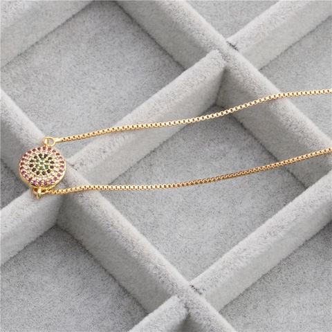 Kupfer Halskette Mit Bunten Zirkonia Micro Pave Bar Kurve Rund Anhänger Elegante Box Kette Für Frauen Schmuck