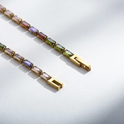Women Tennis Necklace Stainless Steel 18K Gold Plated Colorful Square Zircon Geometric Luxury Jewelry Fashion Accessory