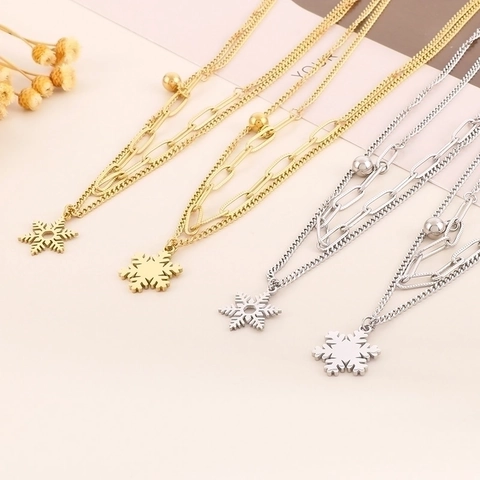 Fashion Stainless Steel Double Layer Snowflake Pendant Jewelry Set Gold Silver Necklace Bracelet Earrings For Women