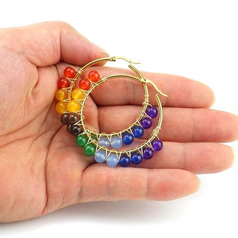 Bohemian Hoop Earrings For Women Stainless Steel Wire Wrapped Natural Stone Colorful Beads Handmade Ethnic Jewelry