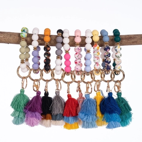 Silicone Beaded Bracelet Keychain With Triple Layer Gradient Tassel Bohemian Wristlet Key Ring Strap Accessory