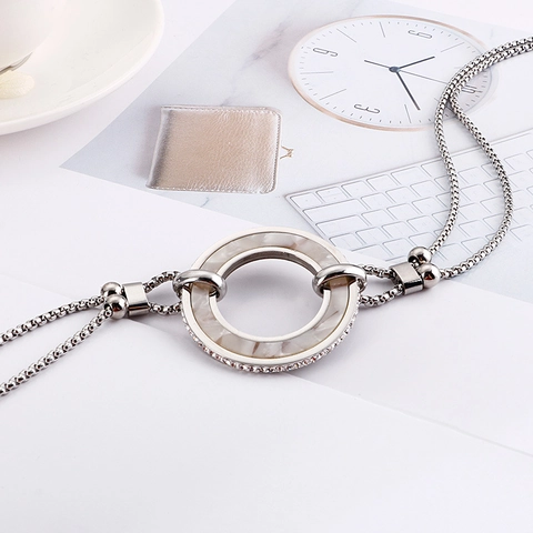 Women Stainless Steel Double Layer Necklace Geometric Round Oval Pendant Inlaid Rhinestone Minimalist Fashion Jewelry