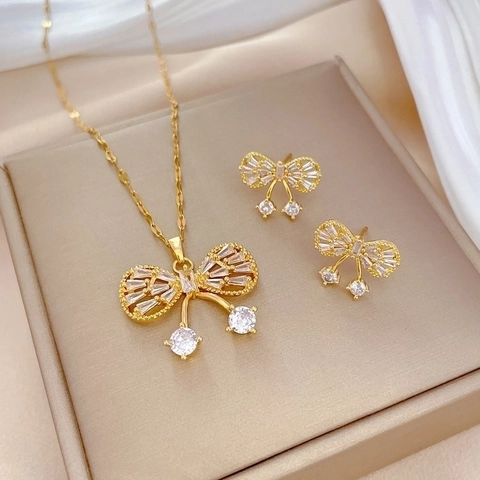 Butterfly Bow Necklace And Earrings Jewelry Featuring Zircon Gold Plated Copper And Silver Earring Post For Women