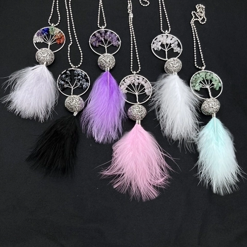 Tree Of Life Dream Catcher Car Hanging Ornament With Crystal Stones Feathers And Copper Bell Decorative Pendant