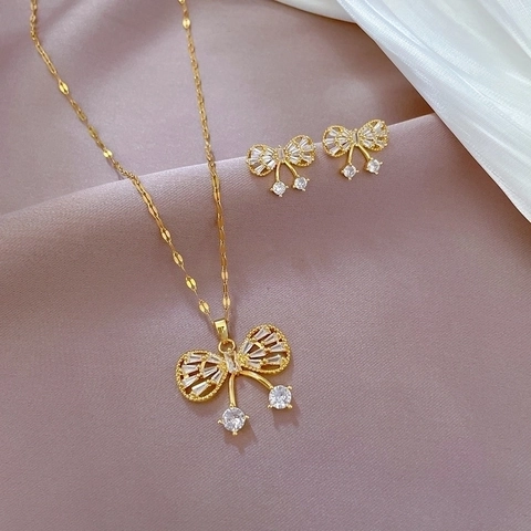 Butterfly Bow Necklace And Earrings Jewelry Featuring Zircon Gold Plated Copper And Silver Earring Post For Women