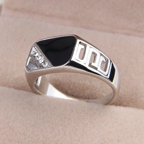 Vintage Alloy Square Geometric Ring For Men Gold Silver Rose Gold Plated Black Enamel Rhinestone Inlaid Finger Ring Fashion Jewelry