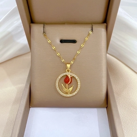Roestvrijstalen Ketting Met Koperen Rode Tulp Ronde Hanger Zirkoon Elegante Florale Sieraden Voor Dames