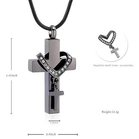 Stainless Steel Cross Cremation Urn Necklace Heart Zircon Pendant Memorial Keepsake Jewelry For Ashes Unisex