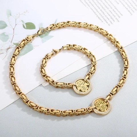 Stainless Steel Hamsa Hand Jewelry Set For Women Rhinestone Fatima Hand Pendant Necklace Bracelet Byzantine Chain Jewelry
