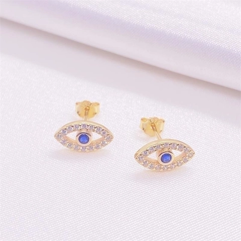 Evil Eye Stud Earrings With 925 Sterling Silver Earring Post Cubic Zirconia Blue Center Stone Trendy Jewelry Women Gift
