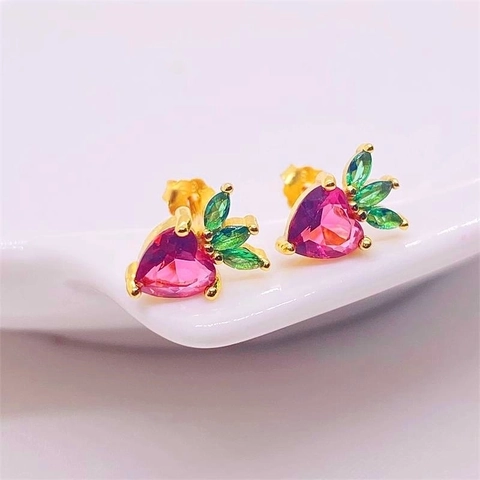 925 Sterling Silver Strawberry Stud Earrings For Women Cute Pink Green Rhinestone Fruit Earrings Gold Plated Sweet Student Jewelry