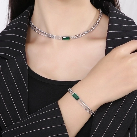 Stainless Steel Necklace And Bracelet Women Asymmetric Cuban Link With Rectangular Emerald Green Gemstone Pendant Luxury