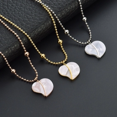 Titanium Steel Heart Pendant Necklace With Artificial Pearl Shell Inlay Minimalist Beaded Chain For Women Fashion Jewelry Accessory