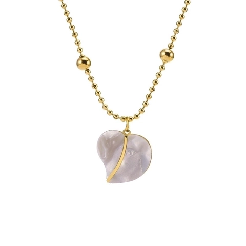 Titanium Steel Heart Pendant Necklace With Artificial Pearl Shell Inlay Minimalist Beaded Chain For Women Fashion Jewelry Accessory