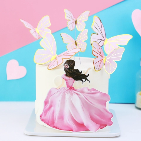 Topper Per Torta Con Farfalla E Silhouette Di Ragazza Inserti In Carta Dorata Per Festa Di Compleanno Matrimonio