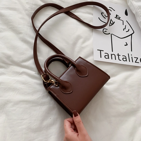 Women Mini PU Leather Square Shoulder Bag Solid Color Crossbody Bag With Top Handle Gold Hardware Minimalist Daily Handbag