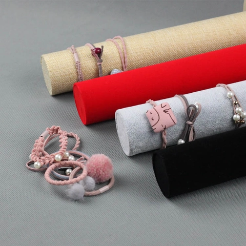 Jewelry Display Stand Velvet Linen Vertical Cylindrical Hair Tie Bracelet Watch Organizer Holder Round Base Storage Rack
