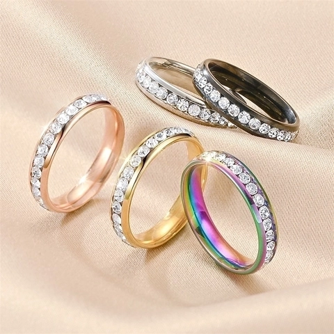 Stainless Steel Eternity Ring Full Circle Cubic Zirconia Inlaid Elegant Trendy Niche Jewelry For Women Men Couples