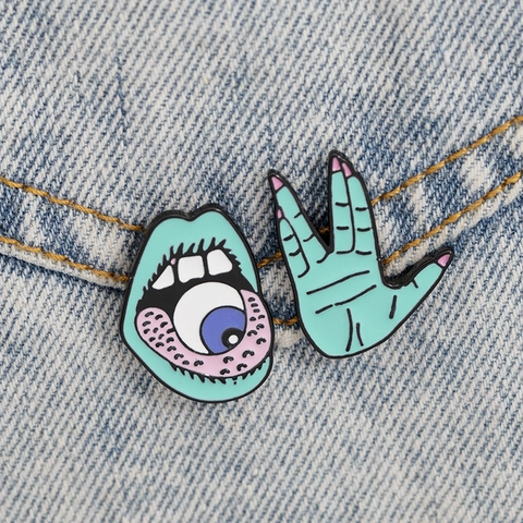 Creative Alloy Enamel Brooch Set Funny Mint Green Mouth Eyeball Hand Gesture Badge Punk Cartoon Lapel Pins For Denim Clothes Backpack Decoration Unisex